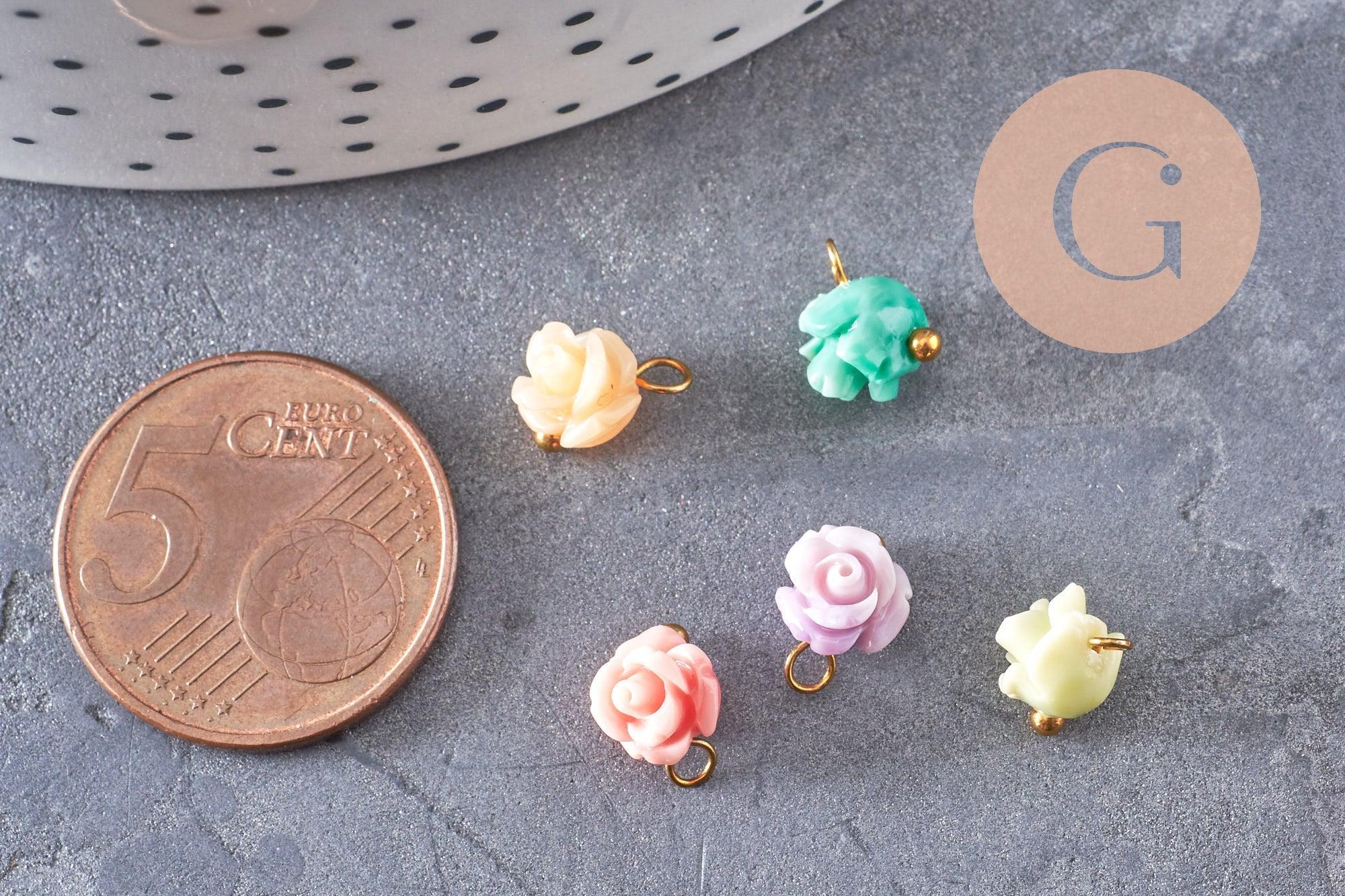 Pendentif fleur de rose résine multicolore support laiton doré 9x7mm, x10 (G4571)