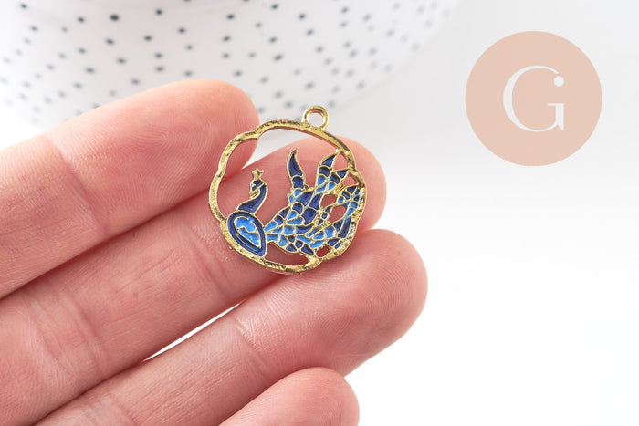 Pendentif fleur paon émail bleu zamac doré 25mm, x2 (G4276)