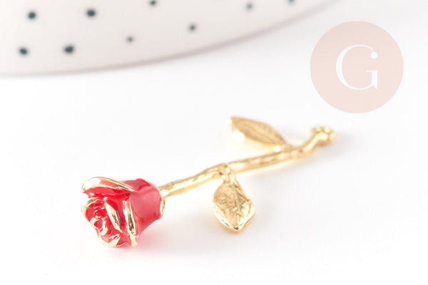 Pendentif fleur rose émail rouge laiton brut 38mm, x1 (G5299)