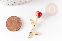Pendentif fleur rose émail rouge laiton brut 38mm, x1 (G5299)