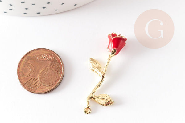 Pendentif fleur rose émail rouge laiton brut 38mm, x1 (G5299)