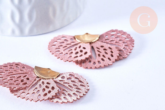 Pendentif fleur tissu soie vieux rose support doré,pendentif fleur en dentelle de tissu, 25x38mm, x2 (G5427)