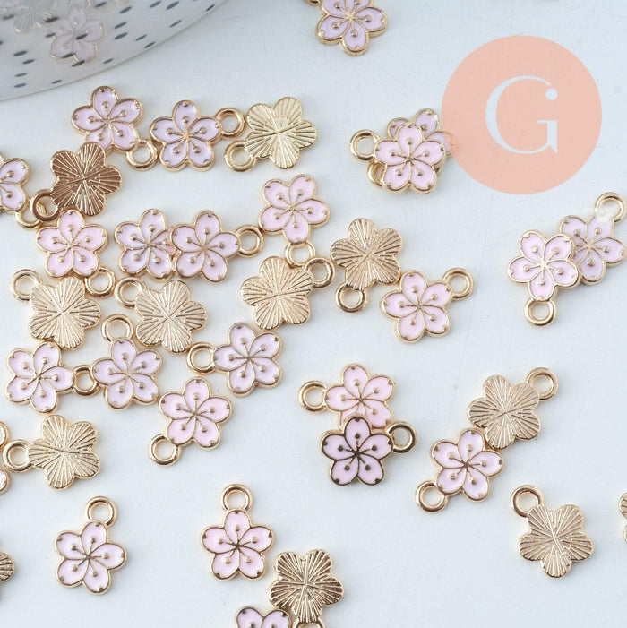 Pendentif fleur zamac doré émail rose 12mm, x5 (G6193)