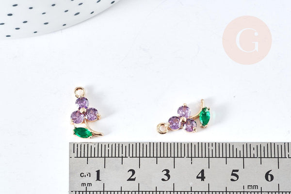 Pendentif fleur zircons violet laiton doré 17mm,pendentif fleurs création bijoux, x1 G8404