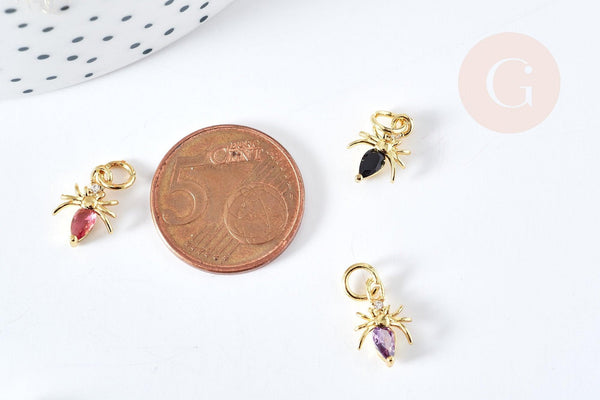 Pendentif fourmi laiton doré 18K zircon coloré 12mm, pendentif doré pour création de bijoux, x1 (G8590)