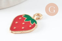 Pendentif fraise doré émaillé rouge 20.5mm, x2 (G4528)
