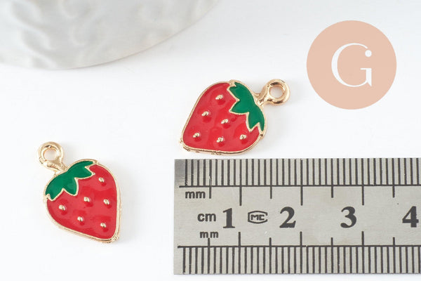 Pendentif fraise doré émaillé rouge 20.5mm, x2 (G4528)