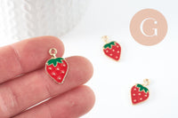 Pendentif fraise doré émaillé rouge 20.5mm, x2 (G4528)