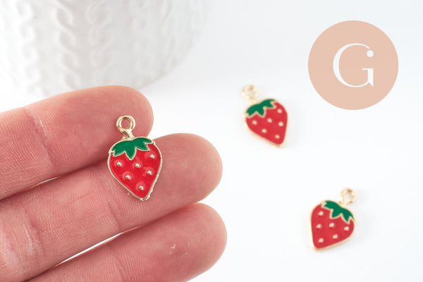 Pendentif fraise doré émaillé rouge 20.5mm, x2 (G4528)