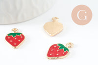 Pendentif fraise doré émaillé rouge 20.5mm, x2 (G4528)
