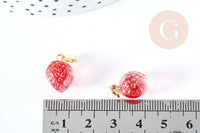 Pendentif fraise fruit rouge laiton doré 18mm,pendentif fruit verre,15-19mm, x1 (G8488)