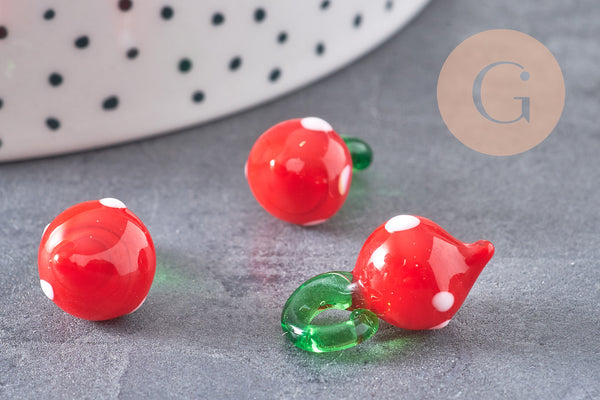 Pendentif fraise fruit rouge verre artisanal tchèque 25mm, x5 (G1985)