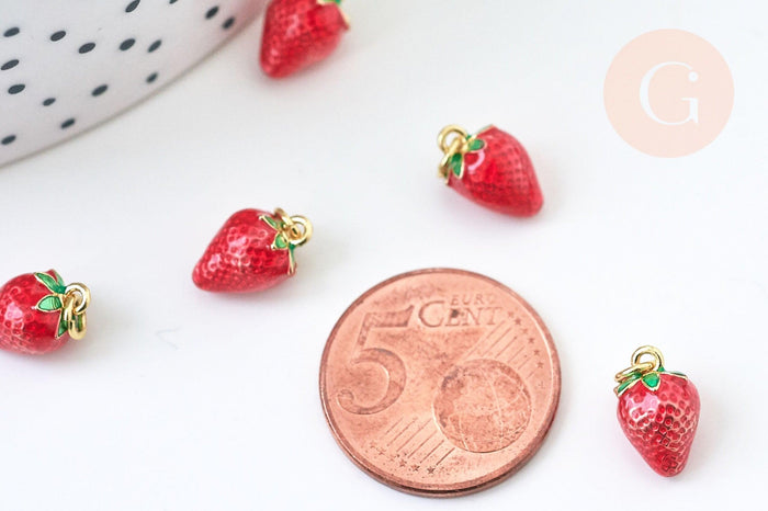 Pendentif fraise laiton doré 18K émail rouge 11.5mm, x1 (G5516)