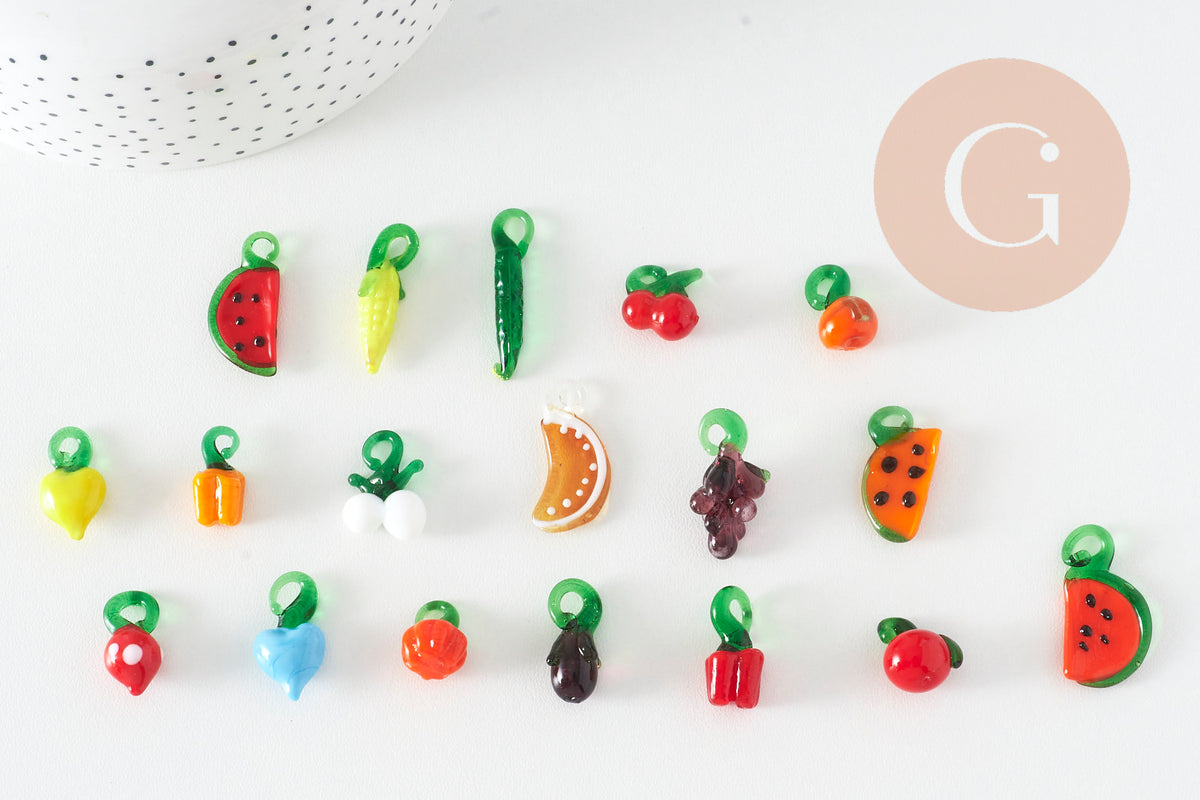Pendentif fruits légumes en verre artisanal 13.5-34mm, x1 (G10052)