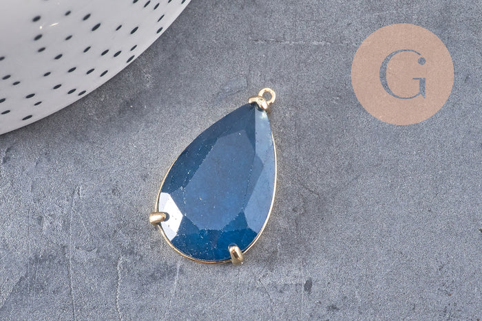 Pendentif goutte agate naturelle bleu laiton doré 32mm, x1 (G2040)