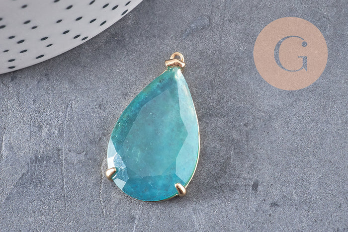 Pendentif goutte agate naturelle bleue support doré 32mm, x1 (G2435)