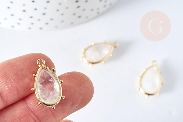 Pendentif goutte cristal de roche naturel laiton doré 22.5mm,pendentif bijou pierre naturelle, x1, G8365