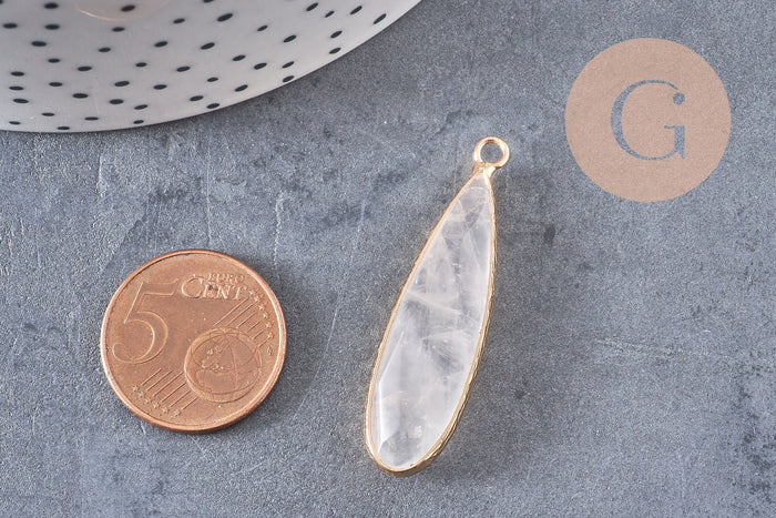 Pendentif goutte cristal de roche naturel laiton doré 40mm, x1 (G2555)