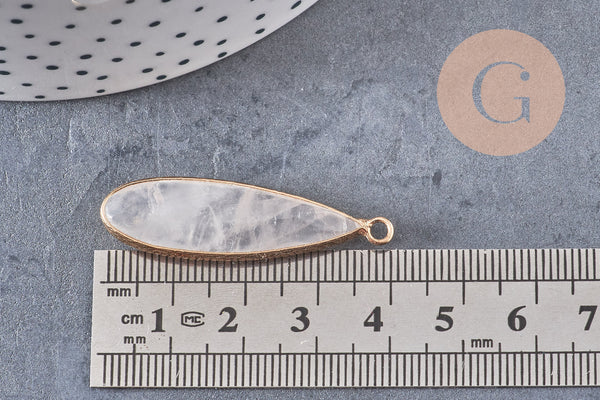Pendentif goutte cristal de roche naturel laiton doré 40mm, x1 (G2555)