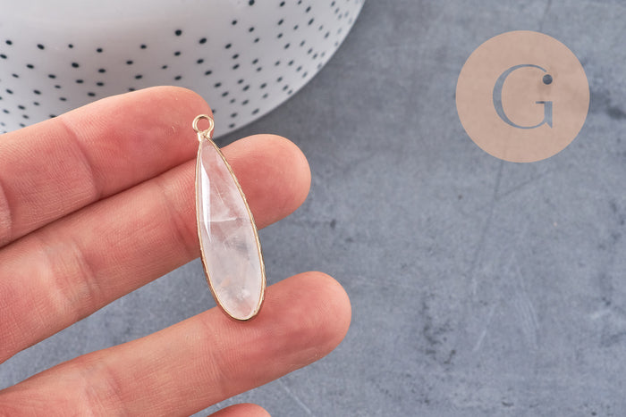 Pendentif goutte cristal de roche naturel laiton doré 40mm, x1 (G2555)