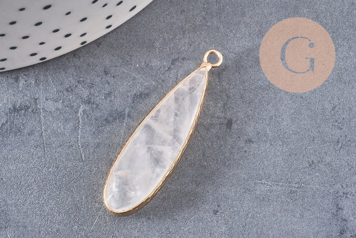 Pendentif goutte cristal de roche naturel laiton doré 40mm, x1 (G2555)