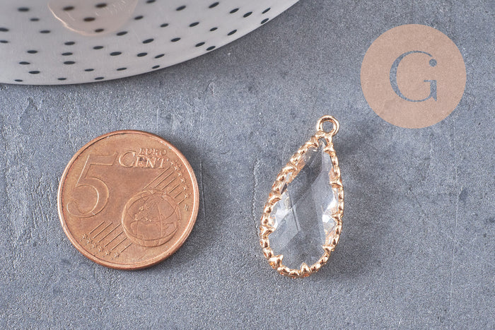 Pendentif goutte cristal transparent facetté laiton doré 25.5mm, x1 (G3105)