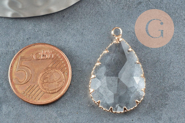Pendentif goutte doré cristal transparent à facettes 29mm, pendentif création bijoux x1 G9519