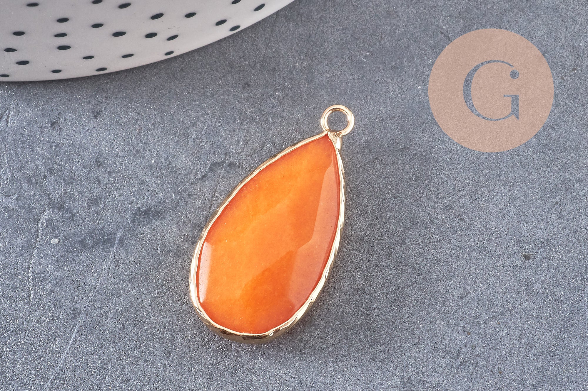 Pendentif goutte jade naturel jaune laiton doré 33mm, x1 (G0302)