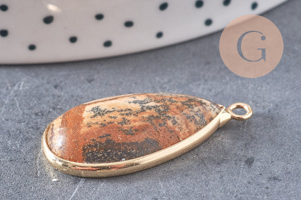Pendentif goutte jaspe paysage naturel laiton doré 33mm, x1 (G5164)