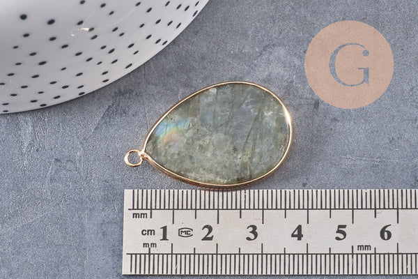 Pendentif goutte labradorite naturelle laiton doré 39mm, x1 (G2731)