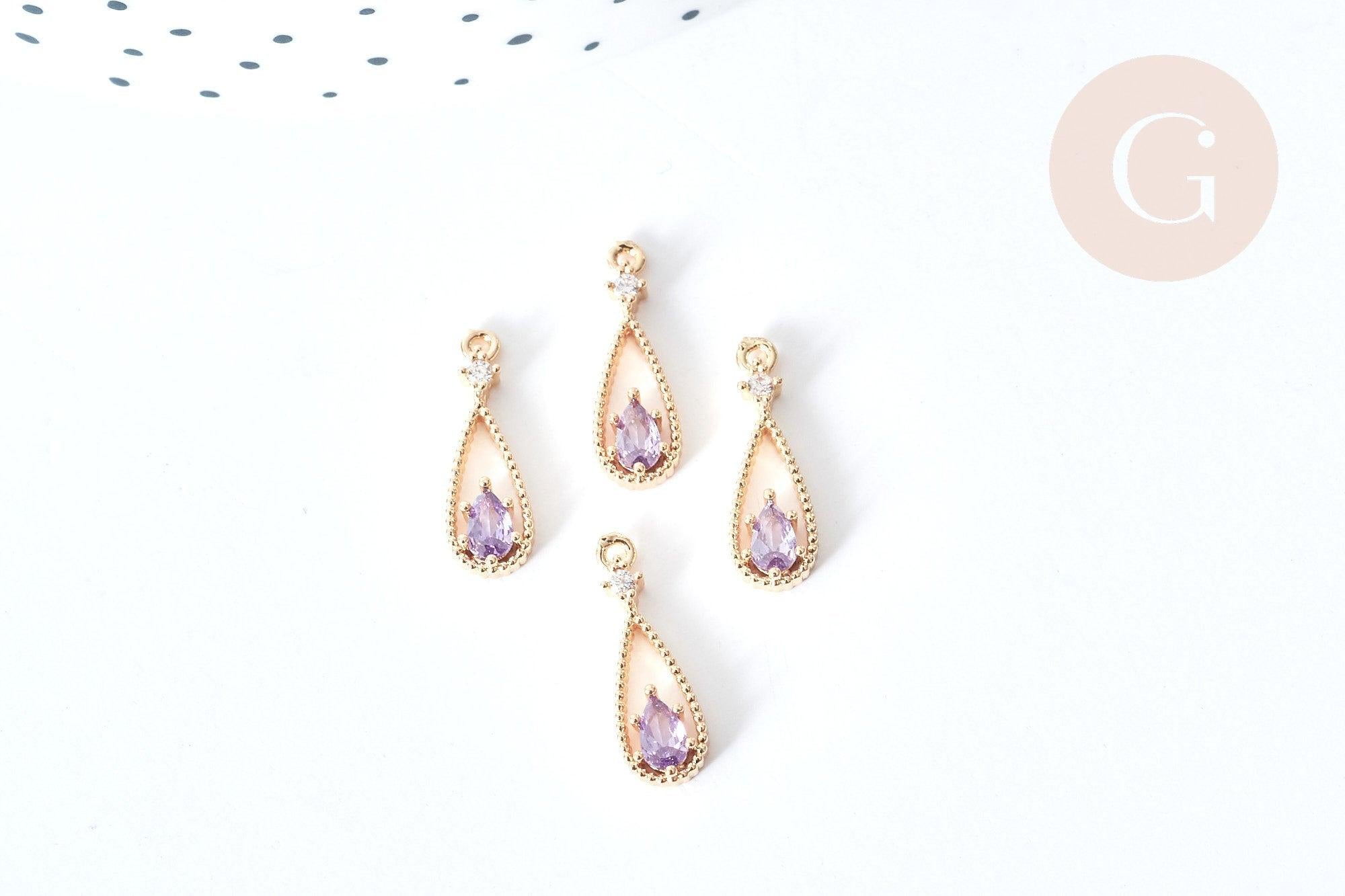 Pendentif goutte laiton doré zircon violet 17,5mm, pendentif création bijoux, x1 G8545