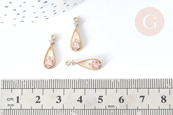 Pendentif goutte laiton doré zircons rose clair 17,5mm, pendentif création bijoux, x1 G8084