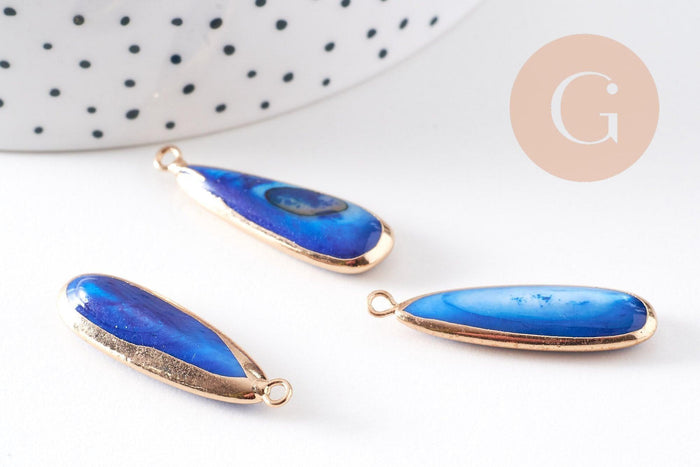 Pendentif goutte nacre naturelle bleue doré,nacre bleu ,bijou nacre,coquillage bleu, x1 (G3098)