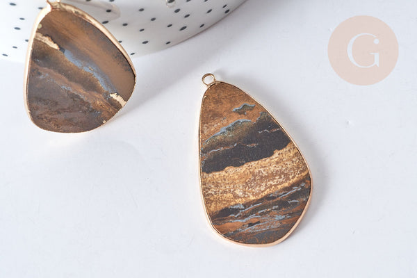 Pendentif goutte œil de tigre doré 45mm, pendentif pierre œil de tigre naturel, x1 (G7938)