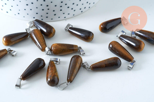 Pendentif goutte oeil de tigre naturelle roulée acier platine 30mm, pendentif pierre acier inoxydable pierre naturelle, x1, G6170