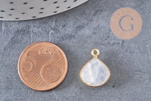 Pendentif goutte pierre de lune naturelle scuptée argent 925 doré 18K 14mm, x1 (G10841)