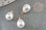 Pendentif goutte plastique imitation perle eau douce laiton doré 18K 13mm, x1 (G9364)