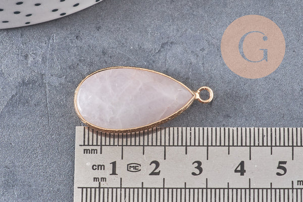 Pendentif goutte quartz rose naturel laiton doré 33mm, x1 (G3620)