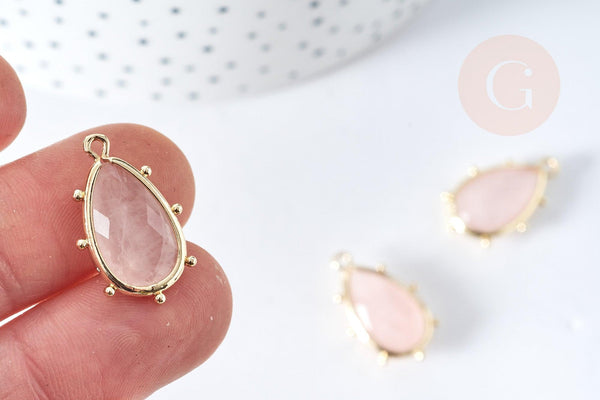 Pendentif goutte quartz rose naturelle laiton doré 22.5mm,pendentif bijou pierre naturelle, x1, G8368
