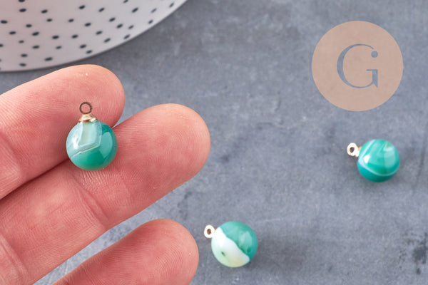 Pendentif goutte rond agate verte rayée, support doré, création bijoux pierre naturelle, pendentif pierre naturelle, 14mm, x1, G4486