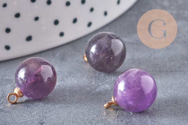 Pendentif goutte rond améthyste violette, support doré, création bijoux pierre naturelle, pendentif pierre naturelle, 14mm, x1, G4489
