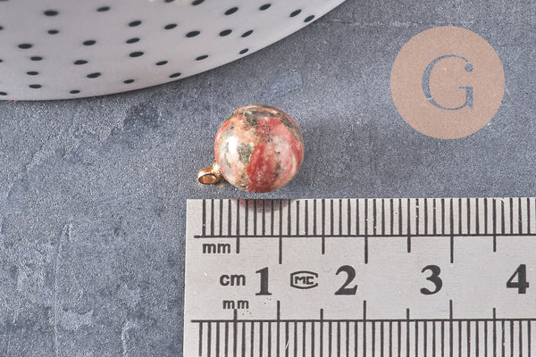 Pendentif goutte rond unakite, support doré, création bijoux pierre naturelle, pendentif pierre naturelle, 14mm, x1, G4560