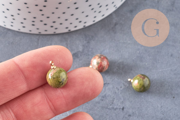 Pendentif goutte rond unakite, support doré, création bijoux pierre naturelle, pendentif pierre naturelle, 14mm, x1, G4560