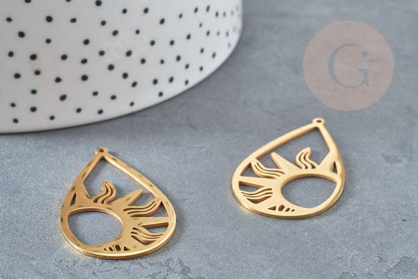 Pendentif goutte soleil acier 201 inoxydable dore 45mm ,breloque acier inoxydable doré, x1 G5689