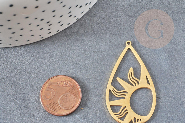 Pendentif goutte soleil acier 201 inoxydable dore 45mm ,breloque acier inoxydable doré, x1 G5689