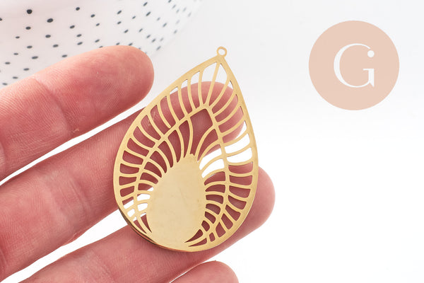 Pendentif goutte soleil acier 201 inoxydable dore 52mm ,breloque acier inoxydable doré filigrane sans nickel pour création bijoux, x1 G6119