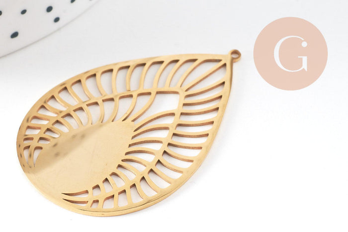 Pendentif goutte soleil acier 201 inoxydable dore 52mm ,breloque acier inoxydable doré filigrane sans nickel pour création bijoux, x1 G6119