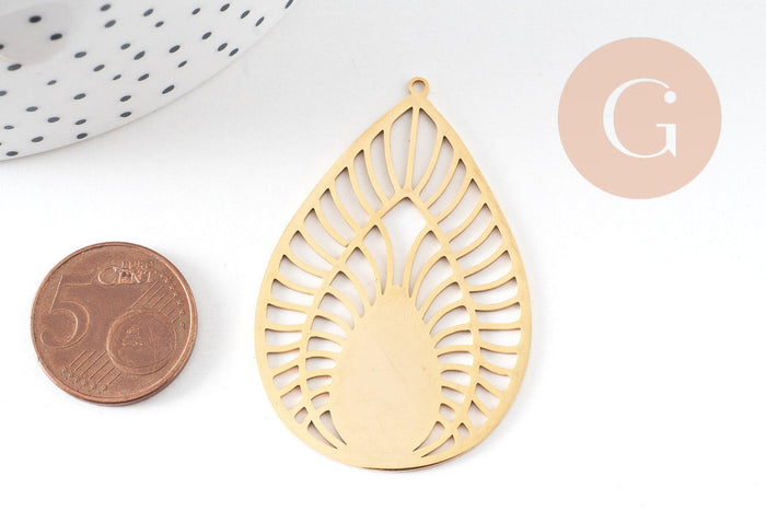Pendentif goutte soleil acier 201 inoxydable dore 52mm ,breloque acier inoxydable doré filigrane sans nickel pour création bijoux, x1 G6119