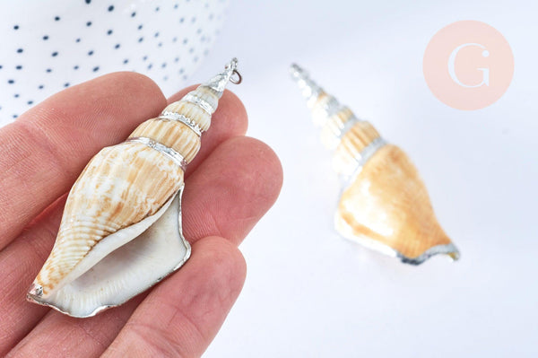 Pendentif grand coquillage naturel spirale beige argenté 58-66mm, pendentif création bijoux coquillage, x1 G7160