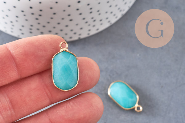 Pendentif hexagone jade naturel bleu turquoise laiton doré 25mm, x1 (G1166)